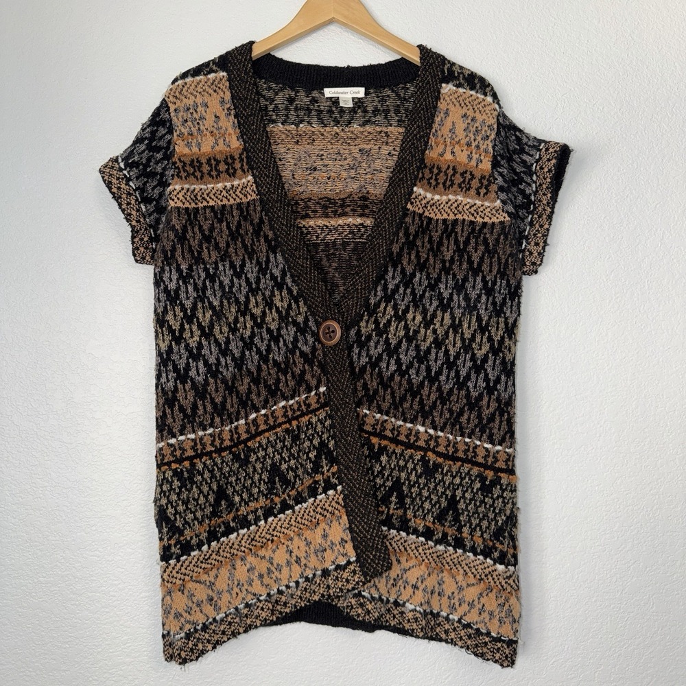 Vtg Coldwater Creek Womens Medium Knit Short Sleeve Brown Cardigan Boho